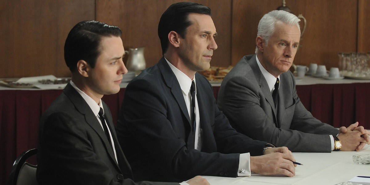 Pete Campbell, from left, Don Draper and Roger Sterling are shown during a scene in popular TV series, "Mad Men". (MCT)